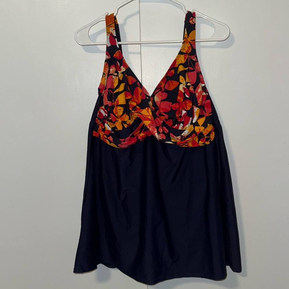 Delta Burke One Piece Swimdress Swimsuit Navy Blue & Orange Floral Women’s 18